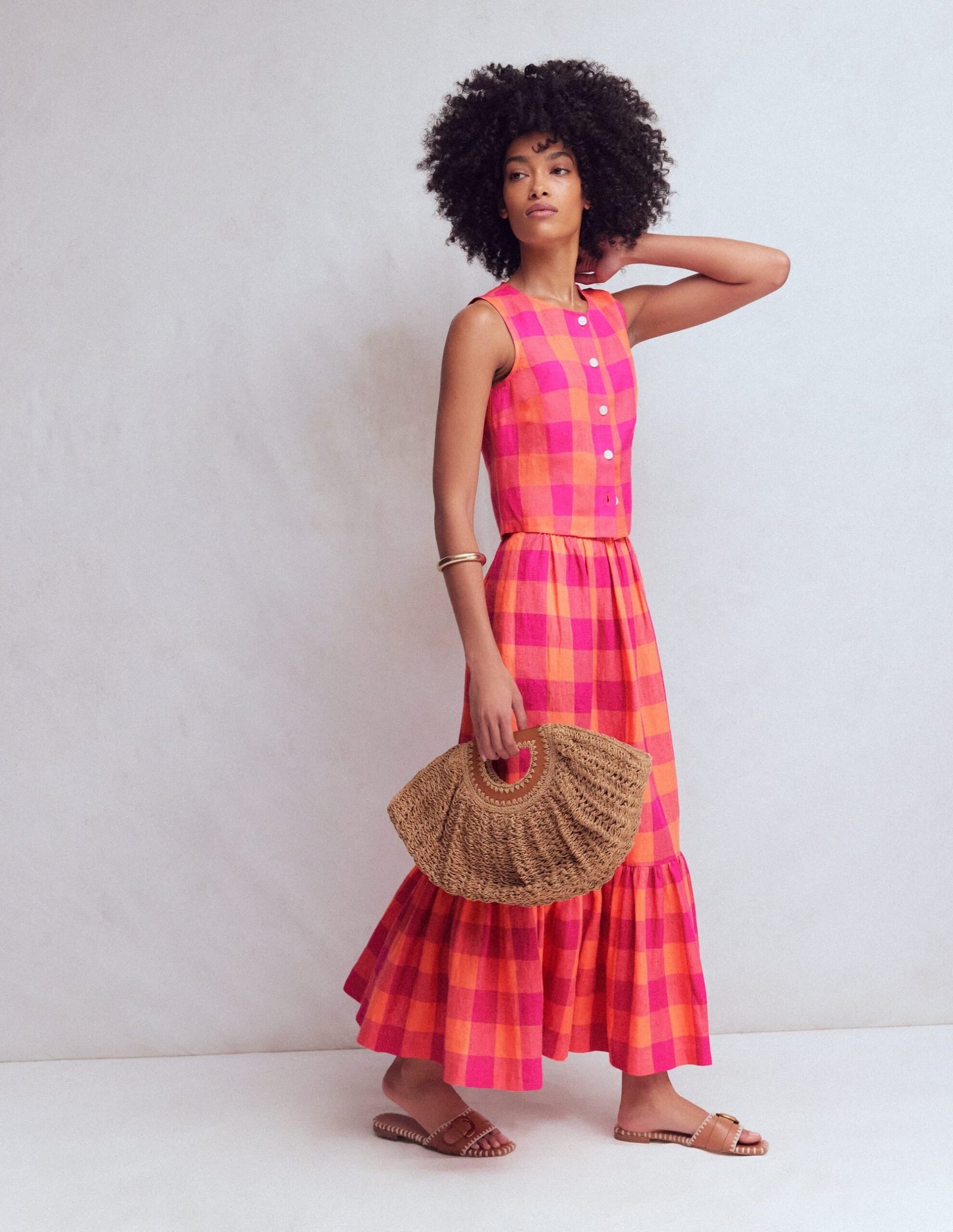 Andrea Linen Shell Top-Zesty Orange, Pink Gingham - Image 2