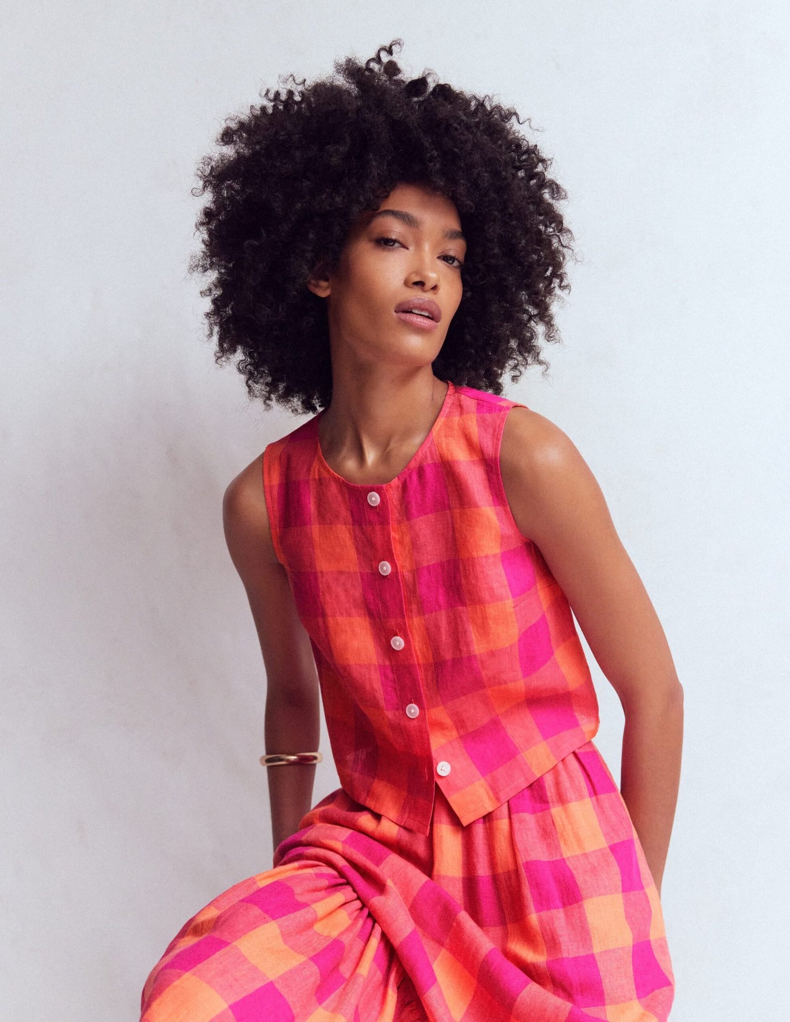 Andrea Linen Shell Top-Zesty Orange, Pink Gingham - Image 3
