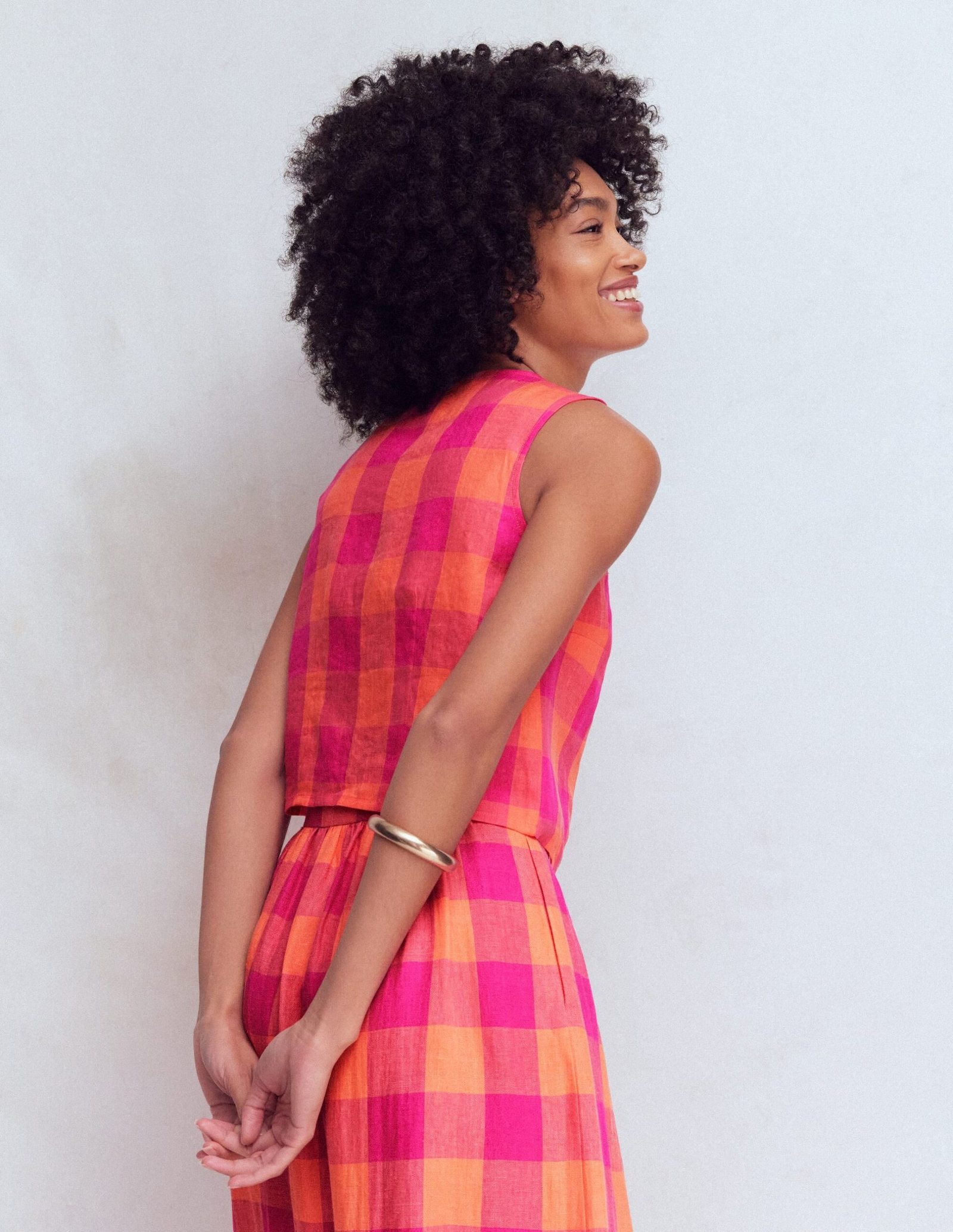 Andrea Linen Shell Top-Zesty Orange, Pink Gingham - Image 4