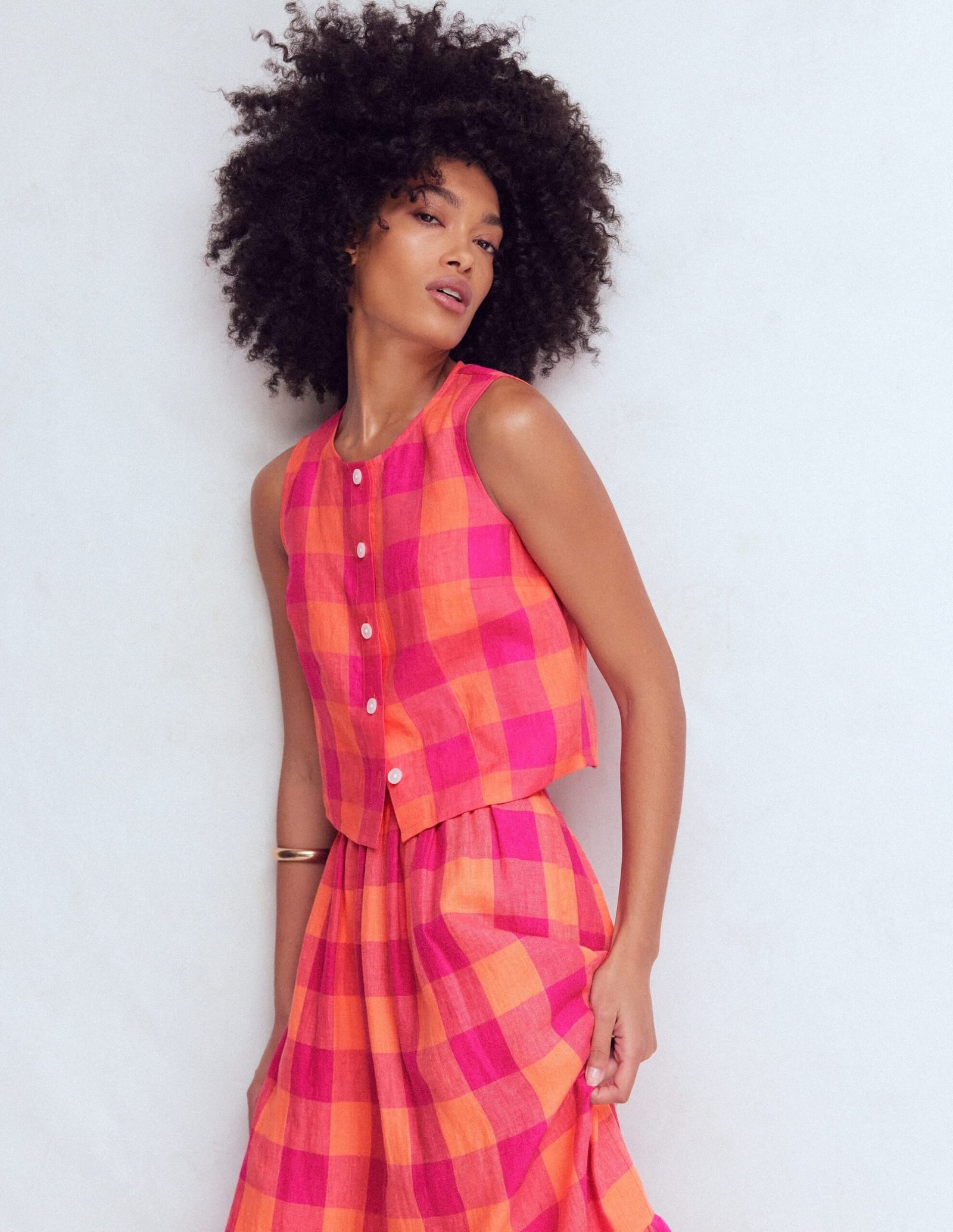 Andrea Linen Shell Top-Zesty Orange, Pink Gingham - Image 5