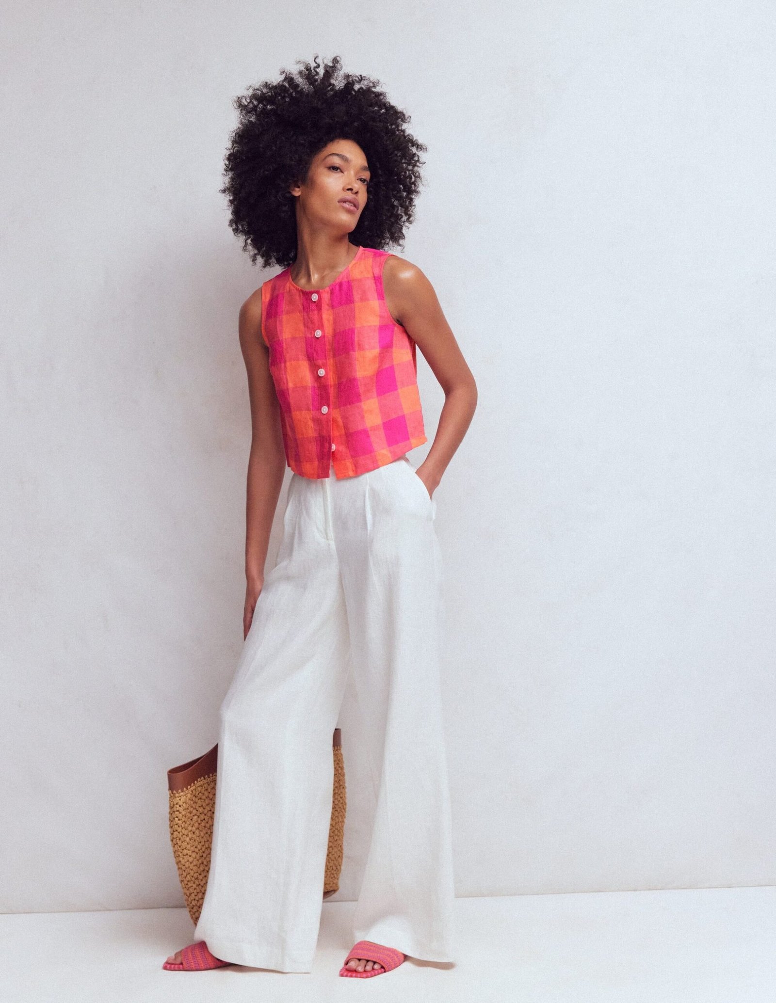 Andrea Linen Shell Top-Zesty Orange, Pink Gingham - Image 6