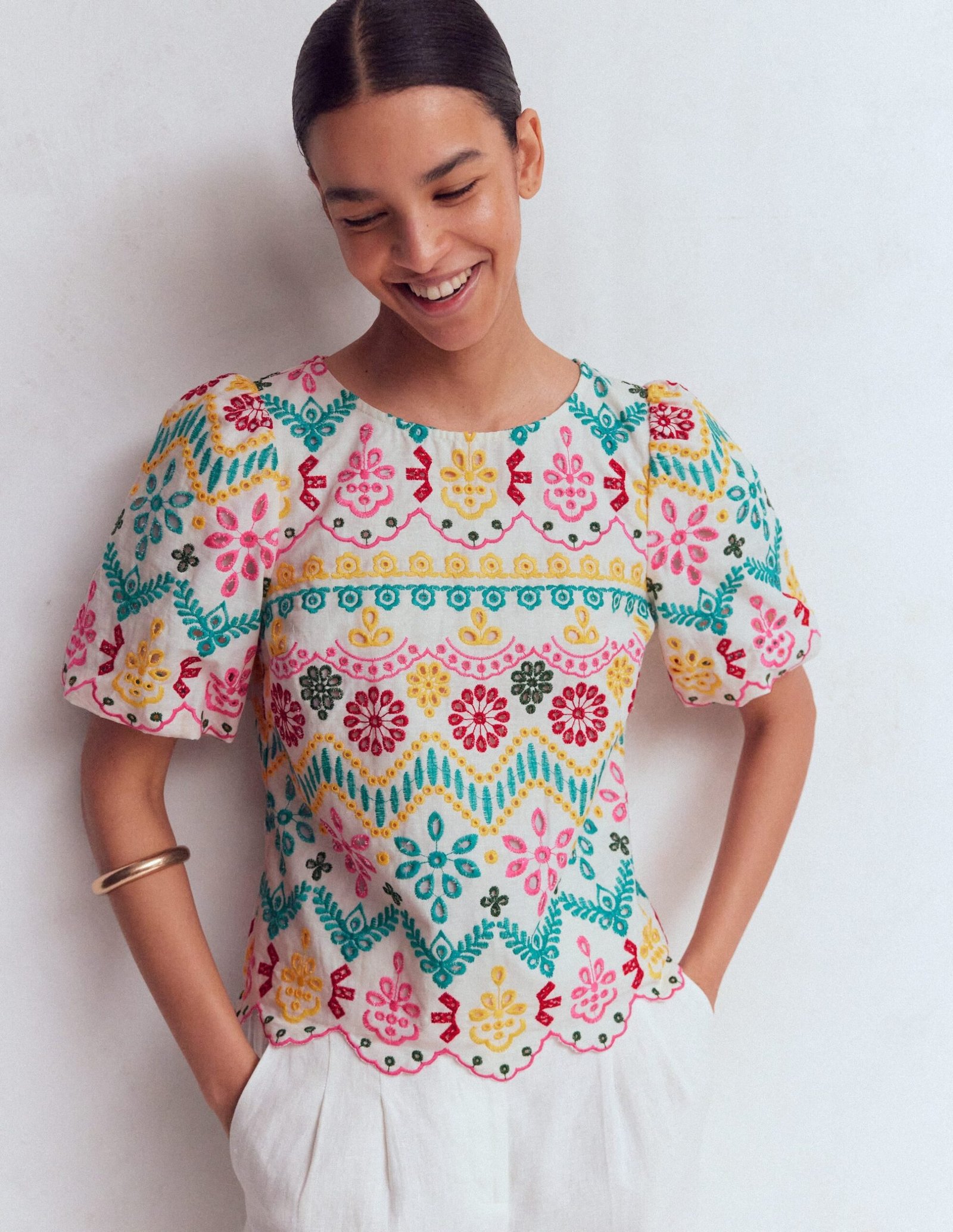 Linen Puff Sleeve Top-Multi Broderie - Image 2