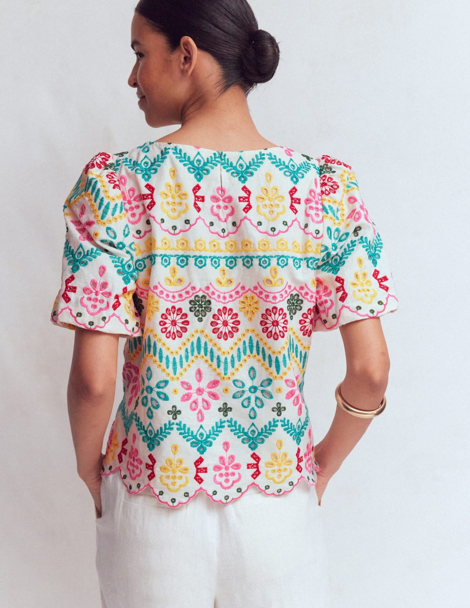 Linen Puff Sleeve Top-Multi Broderie - Image 4