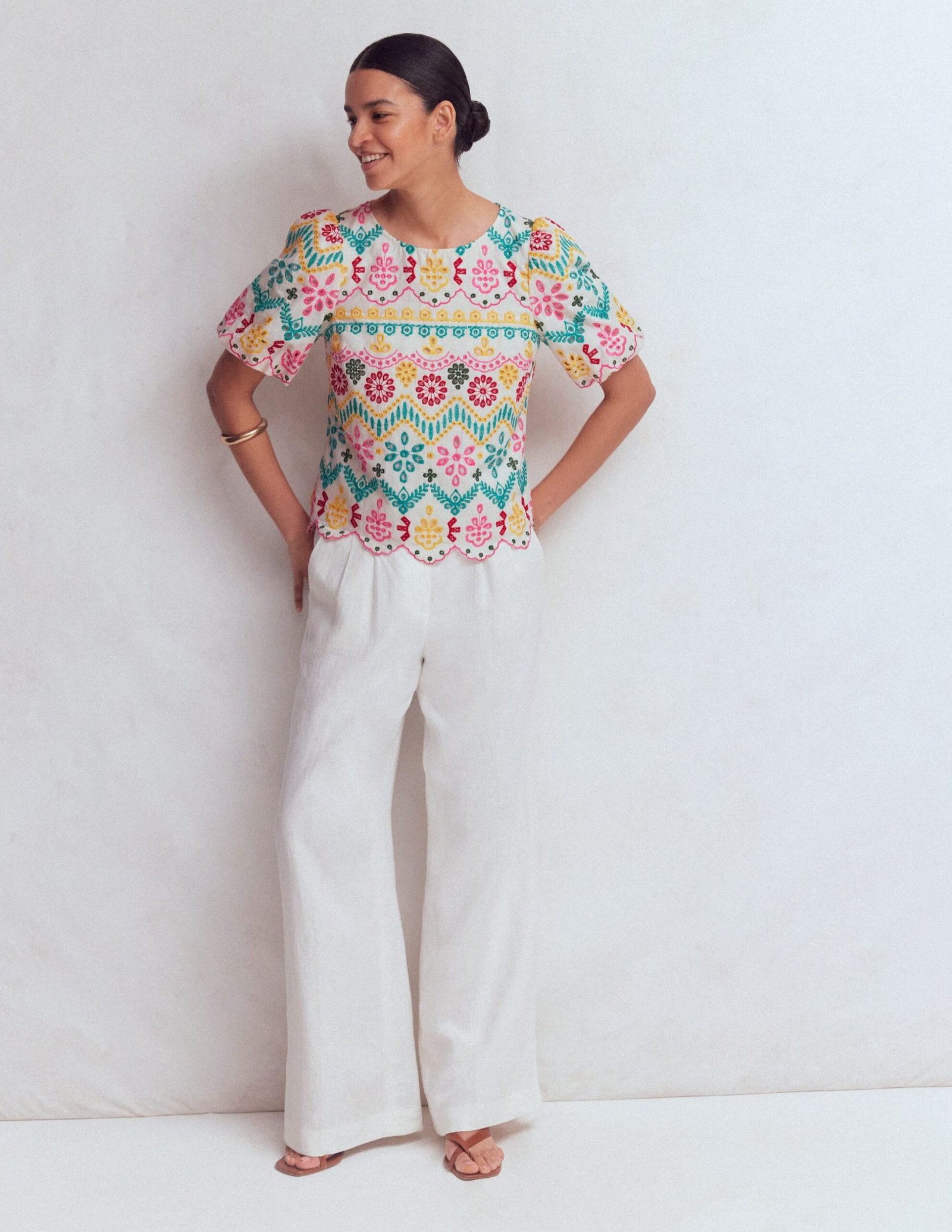 Linen Puff Sleeve Top-Multi Broderie - Image 5
