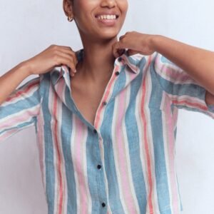 Short Sleeve Linen Shirt-Multi Stripe