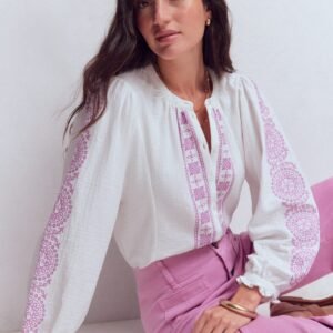 Camille Double Cloth Top-White Embroidery