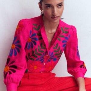 Alicia Linen Top-Pink Peony, Flower Embroidery