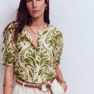 Leah Short Sleeve Linen Top-Green, Decorative Lattice