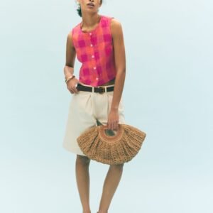 Andrea Linen Shell Top-Zesty Orange, Pink Gingham
