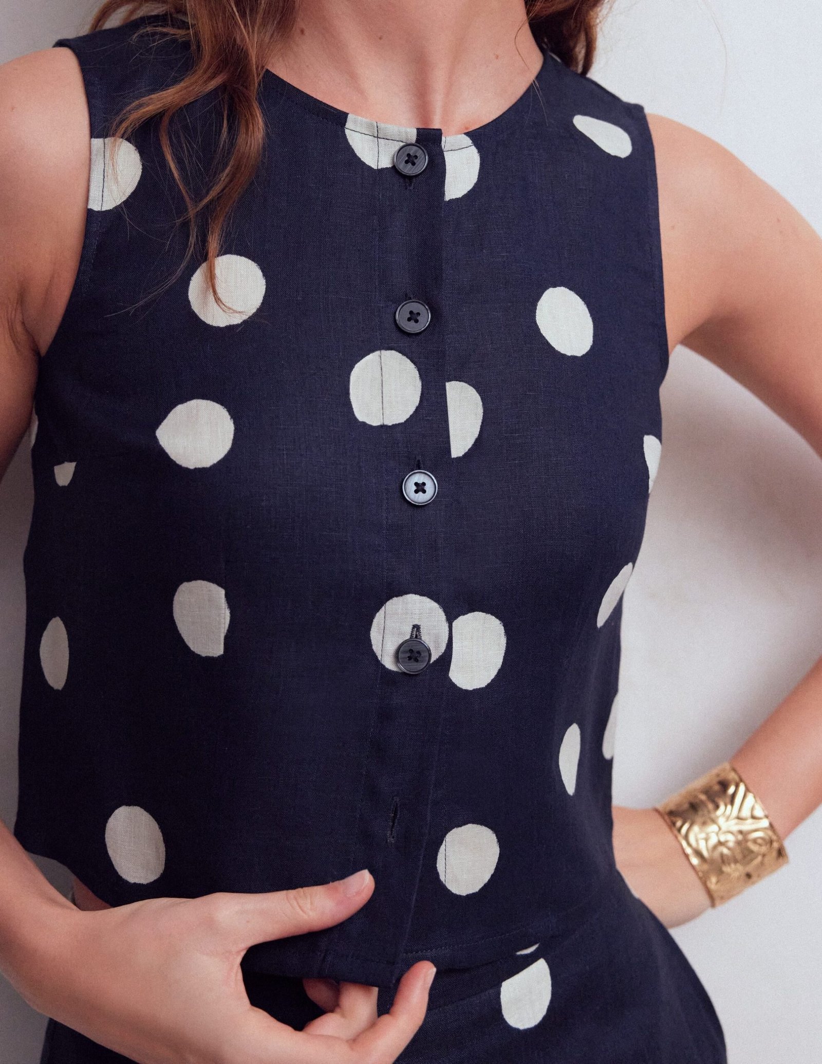 Andrea Linen Shell Top-French Navy, Painted Dot - Image 2