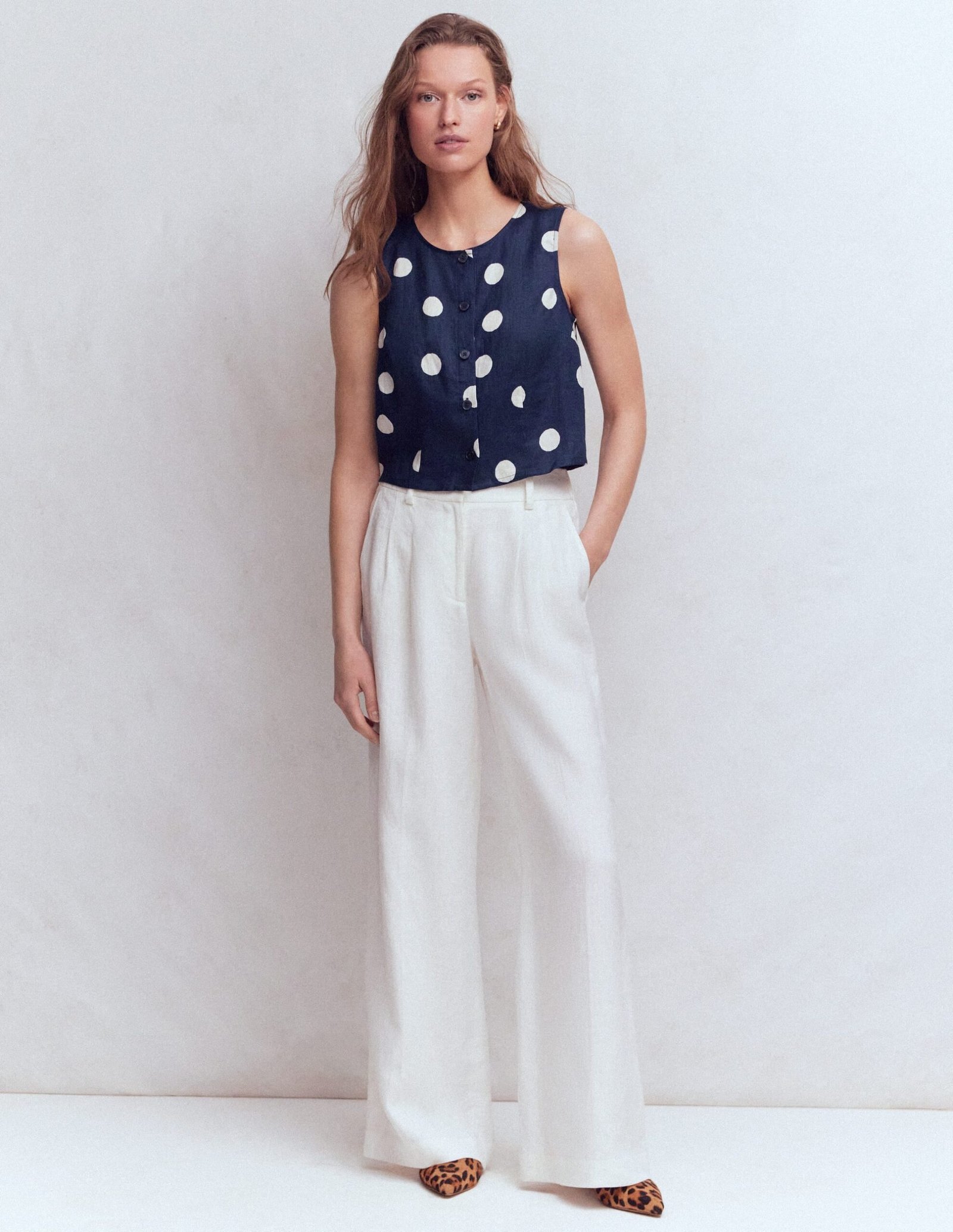 Andrea Linen Shell Top-French Navy, Painted Dot - Image 5
