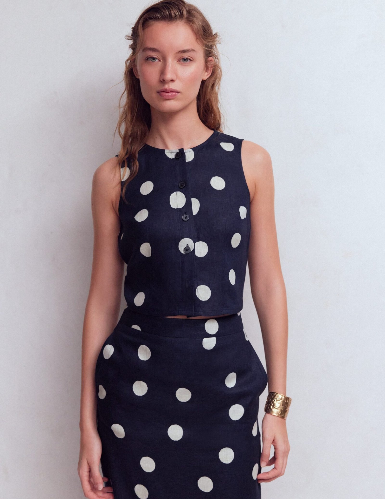 Andrea Linen Shell Top-French Navy, Painted Dot - Image 6