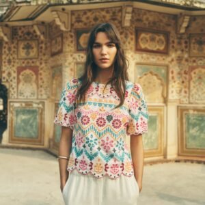 Linen Puff Sleeve Top-Multi Broderie