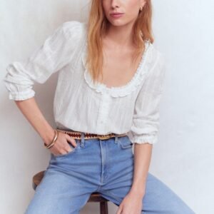 Scoop Neck Ruffle Top-White